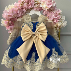 Rochie Albastră cu Dantelă Aurie – Rochie Elegantă de Botez pentru Fetițe | Magical Blue-Beige