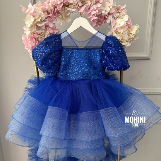Rochie Albastră cu Paiete și Fundă Mare – Rochie Prințesă cu Trenă pentru Botez |Blue Royalty