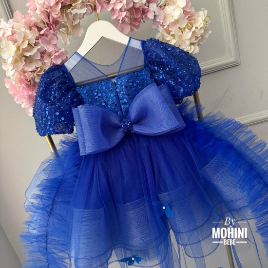 Rochie Albastră cu Paiete și Fundă Mare – Rochie Prințesă cu Trenă pentru Botez |Blue Royalty