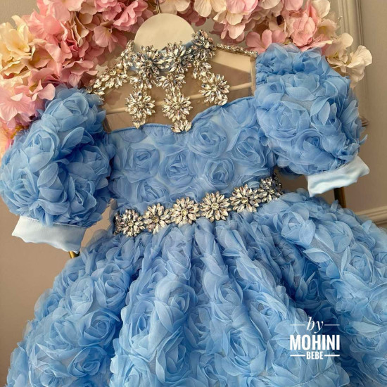 Rochie Albastră cu Trandafiri 3D și Trenă Detașabilă – Rochie Prințesă Elegantă | Blue Silver Stones