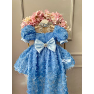 Rochie Albastră cu Trandafiri 3D și Trenă Detașabilă – Rochie Prințesă Elegantă | Blue Silver Stones