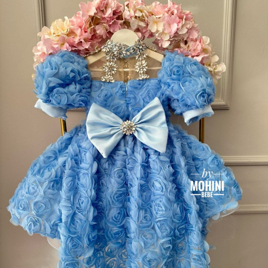 Rochie Albastră cu Trandafiri 3D și Trenă Detașabilă – Rochie Prințesă Elegantă | Blue Silver Stones