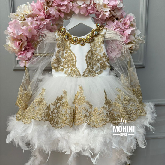 Rochie Albă cu Pene și Trenă Detașabilă – Rochie Elegantă de Botez New Princess Elisabeth 