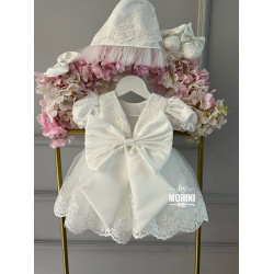 Set Rochie Botez Albă cu Dantelă Fină, Fundă Mare și Bonetă – Rochie Prințesă Elegantă | Set White Little Princess