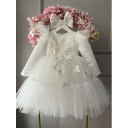 Rochie Botez Albă cu Fluturi, Fundă Mare și Mâneci Lungi – Rochie Prințesă Elegantă Tulle | Little White Butterflies