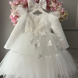 Rochie Botez Albă cu Fluturi, Fundă Mare și Mâneci Lungi – Rochie Prințesă Elegantă Tulle | Little White Butterflies
