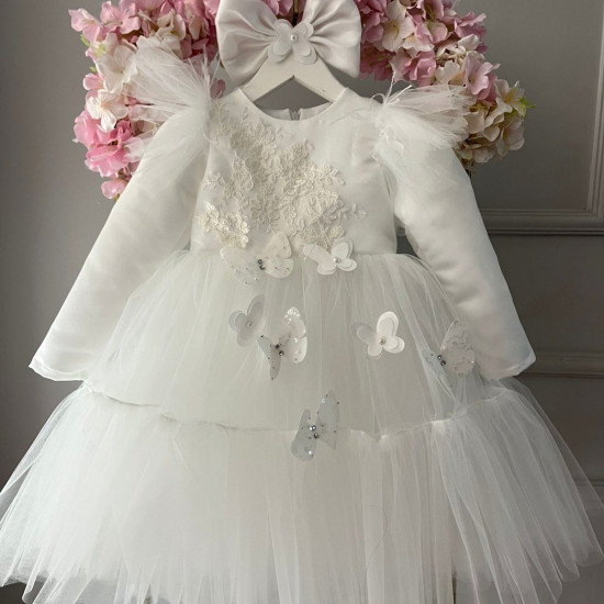 Rochie Botez Albă cu Fluturi, Fundă Mare și Mâneci Lungi – Rochie Prințesă Elegantă Tulle | Little White Butterflies