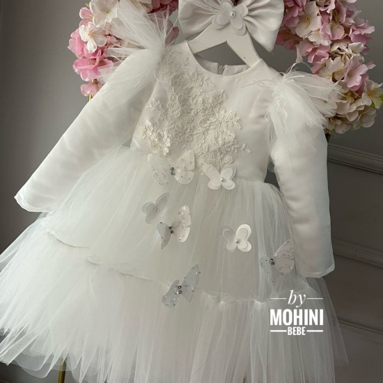 Rochie Botez Albă cu Fluturi, Fundă Mare și Mâneci Lungi – Rochie Prințesă Elegantă Tulle | Little White Butterflies