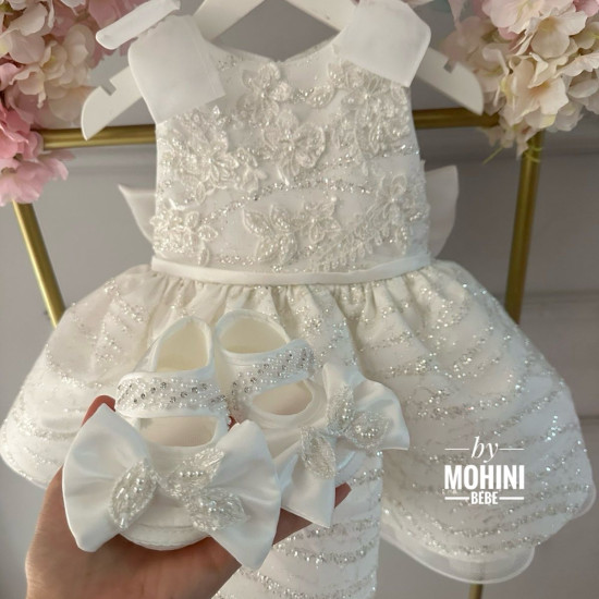 Rochie Botez Albă cu Paiete Argintii, Fundă Mare și Guler Elegant – Rochie Prințesă Strălucitoare |White Beauty