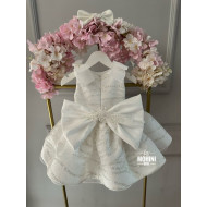 Rochie Botez Albă cu Paiete Argintii, Fundă Mare și Guler Elegant – Rochie Prințesă Strălucitoare |White Beauty
