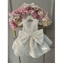 Rochie Botez Albă cu Paiete Argintii, Fundă Mare și Guler Elegant – Rochie Prințesă Strălucitoare |White Beauty