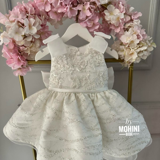 Rochie Botez Albă cu Paiete Argintii, Fundă Mare și Guler Elegant – Rochie Prințesă Strălucitoare |White Beauty