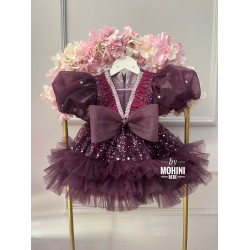 Rochie Elegantă Fete cu Paiete Mov Închis, Fusta Voluminoasa, Fundă Mare | Real New Princess