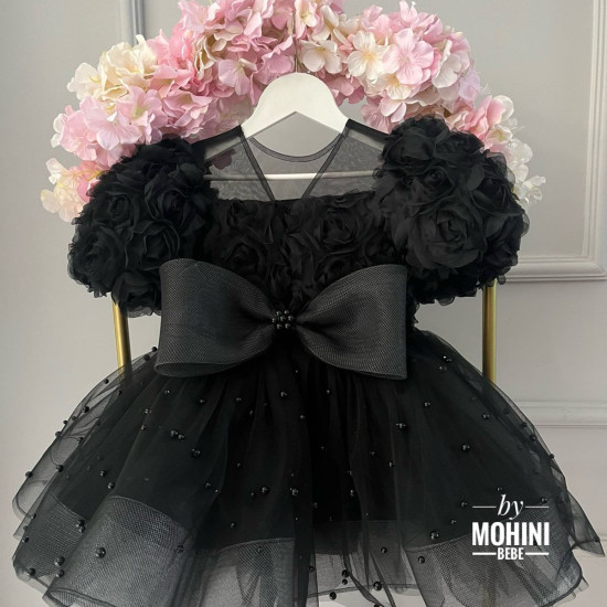 Rochie Neagră Elegantă cu Fundă Mare și Trandafiri – Rochie Prințesă Tulle | Black New Baby Look