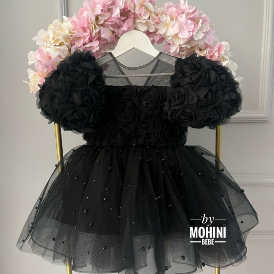 Rochie Neagră Elegantă cu Fundă Mare și Trandafiri – Rochie Prințesă Tulle | Black New Baby Look