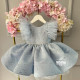 Rochie Prințesă Albastru Deschis cu Fundă Mare, Pene și Paiete – Rochie Elegantă Tulle | Blue Sami