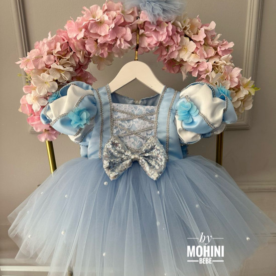 Rochie Prințesă Albastră Deschis cu Mâneci Bufante și Fundă Paiete – Rochie Cinderella Elegantă Tulle | Blue Fairytale Dress