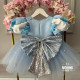 Rochie Prințesă Albastră Deschis cu Mâneci Bufante și Fundă Paiete – Rochie Cinderella Elegantă Tulle | Blue Fairytale Dress