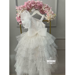 Rochie Prințesă Albă cu Paiete, Volane Multiple și Trenă Lungă – Rochie Scânteietoare Elegantă | New Wow