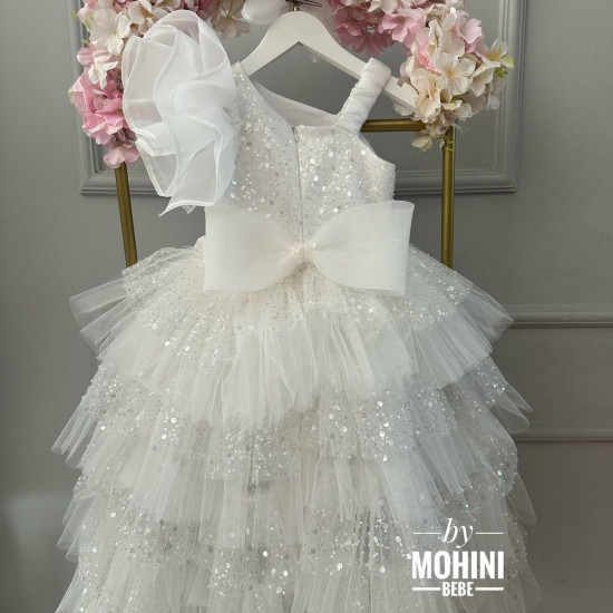 Rochie Prințesă Albă cu Paiete, Volane Multiple și Trenă Lungă – Rochie Scânteietoare Elegantă | New Wow