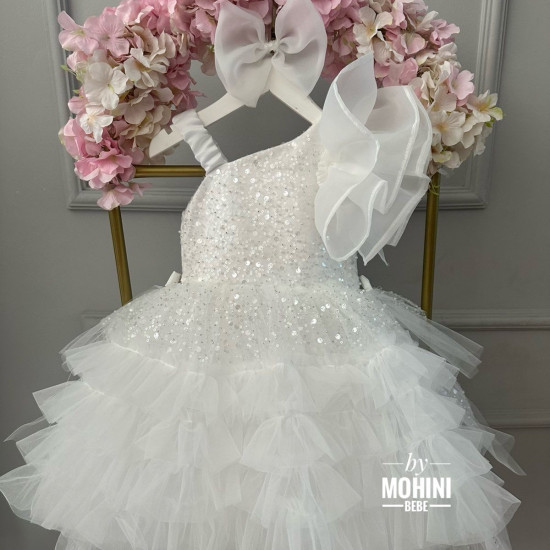 Rochie Prințesă Albă cu Paiete, Volane Multiple și Trenă Lungă – Rochie Scânteietoare Elegantă | New Wow
