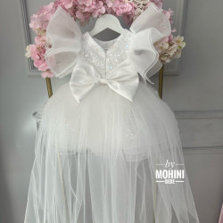 Rochie Prințesă Albă cu Paiete, Volane Multiple și Trenă – Rochie Scânteietoare Elegantă Tulle | WoW
