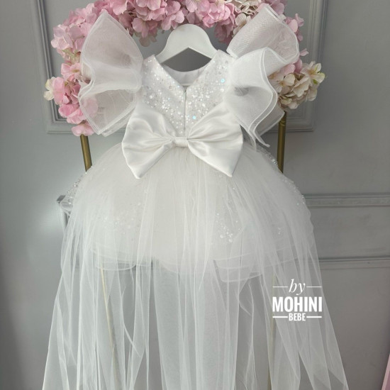 Rochie Prințesă Albă cu Paiete, Volane Multiple și Trenă – Rochie Scânteietoare Elegantă Tulle | WoW