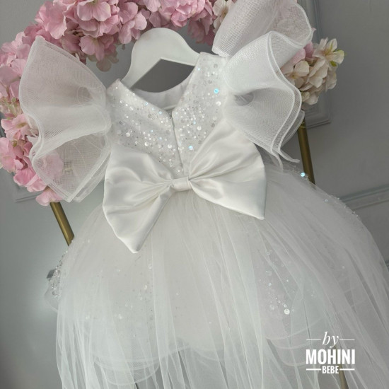 Rochie Prințesă Albă cu Paiete, Volane Multiple și Trenă – Rochie Scânteietoare Elegantă Tulle | WoW