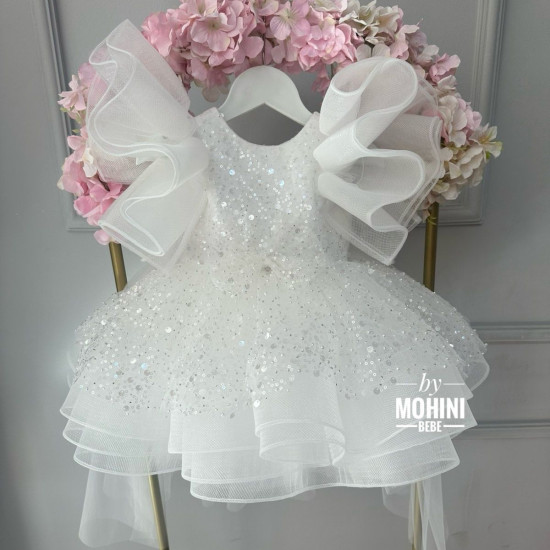 Rochie Prințesă Albă cu Paiete, Volane Multiple și Trenă – Rochie Scânteietoare Elegantă Tulle | WoW