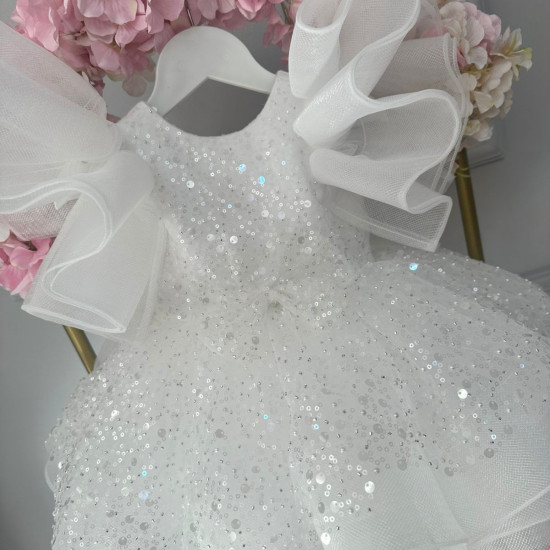 Rochie Prințesă Albă cu Paiete, Volane Multiple și Trenă – Rochie Scânteietoare Elegantă Tulle | WoW