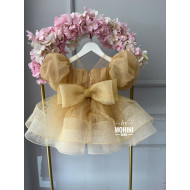 Rochie Prințesă Aurie cu Mâneci Bufante Mari și Fundă Mare – Rochie Elegantă Tulle Scânteietor | A little Princess