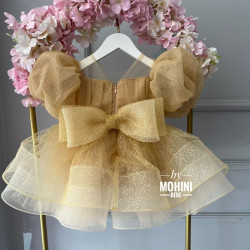 Rochie Prințesă Aurie cu Mâneci Bufante Mari și Fundă Mare – Rochie Elegantă Tulle Scânteietor | A little Princess