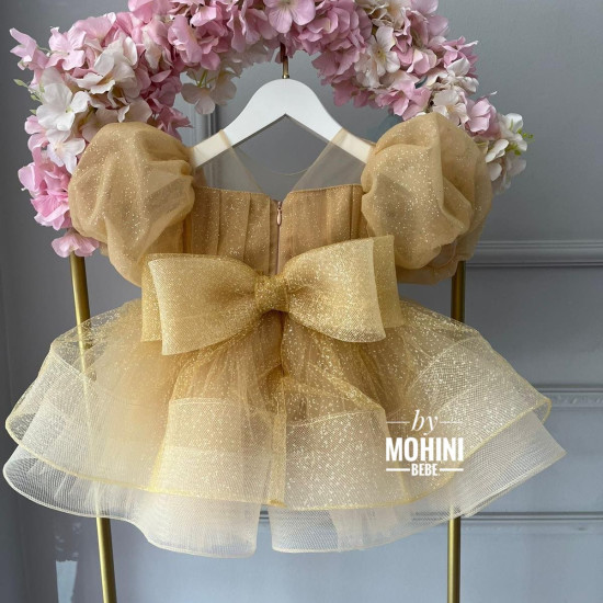 Rochie Prințesă Aurie cu Mâneci Bufante Mari și Fundă Mare – Rochie Elegantă Tulle Scânteietor | A little Princess