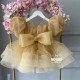Rochie Prințesă Aurie cu Mâneci Bufante Mari și Fundă Mare – Rochie Elegantă Tulle Scânteietor | A little Princess