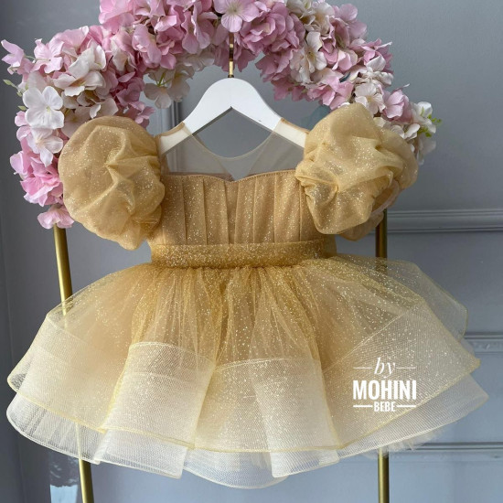 Rochie Prințesă Aurie cu Mâneci Bufante Mari și Fundă Mare – Rochie Elegantă Tulle Scânteietor | A little Princess