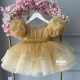 Rochie Prințesă Aurie cu Mâneci Bufante Mari și Fundă Mare – Rochie Elegantă Tulle Scânteietor | A little Princess
