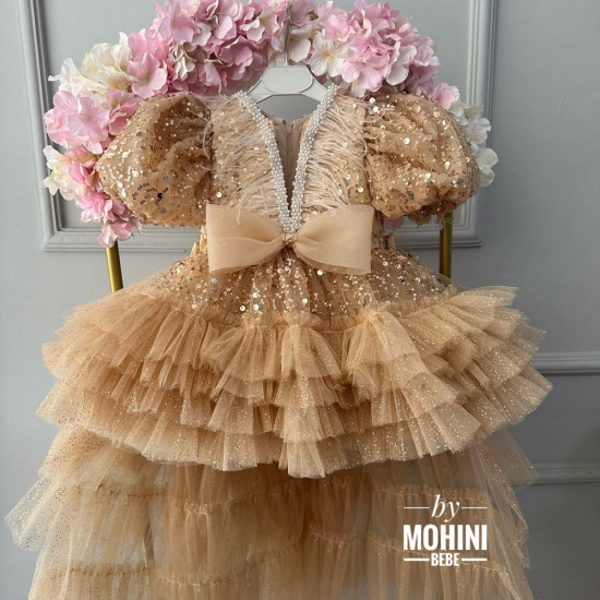 Rochie Prințesă aurie cu Trena, Paiete și Pene – Rochie Elegantă Tulle pentru Ocazie | Gold Real Princess Tail