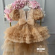 Rochie Prințesă aurie cu Trena, Paiete și Pene – Rochie Elegantă Tulle pentru Ocazie | Gold Real Princess Tail