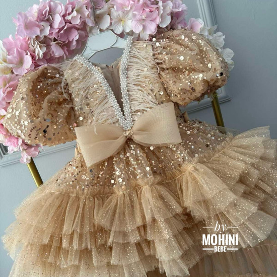Rochie Prințesă aurie cu Trena, Paiete și Pene – Rochie Elegantă Tulle pentru Ocazie | Gold Real Princess Tail