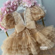 Rochie Prințesă aurie cu Trena, Paiete și Pene – Rochie Elegantă Tulle pentru Ocazie | Gold Real Princess Tail