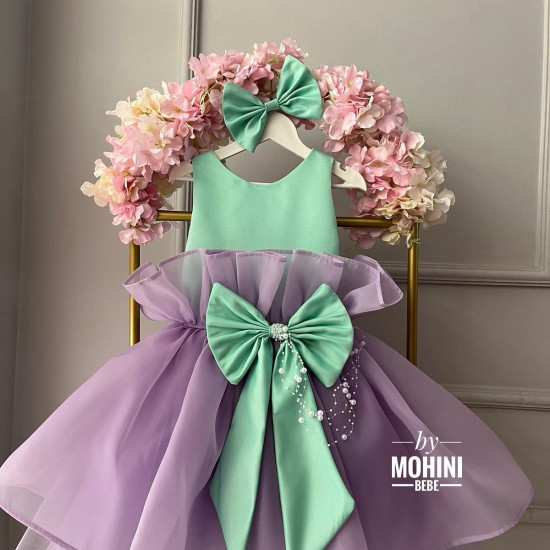 Rochie Prințesă Bicolor Mov-Verde cu Fundă Mare | Joya 