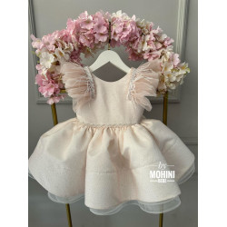 Rochie Prințesă Champagne cu Mâneci din Tul și Pene – Rochie Scânteietoare Elegantă | Champagne Sami