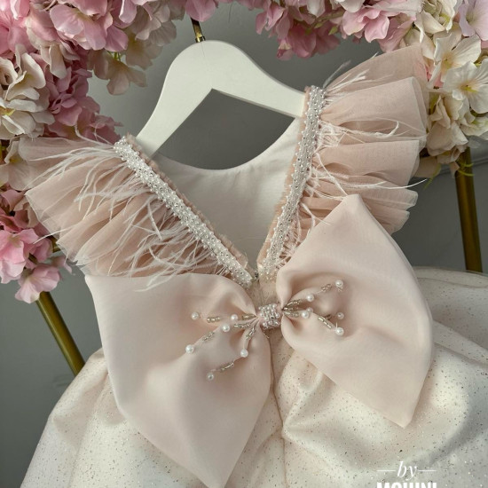 Rochie Prințesă Champagne cu Mâneci din Tul și Pene – Rochie Scânteietoare Elegantă | Champagne Sami