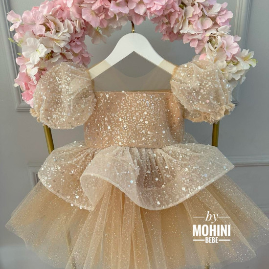 Rochie Prințesă Champagne cu Paiete și Mâneci Bufante Mari – Rochie Scânteietoare Elegantă Tulle | Princess Mia