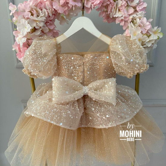 Rochie Prințesă Champagne cu Paiete și Mâneci Bufante Mari – Rochie Scânteietoare Elegantă Tulle | Princess Mia