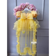 Rochie Prințesă Galbenă cu Trena, Volane și Pene – Rochie Elegantă Tulle pentru Fetițe | Maravillosa Amarillo