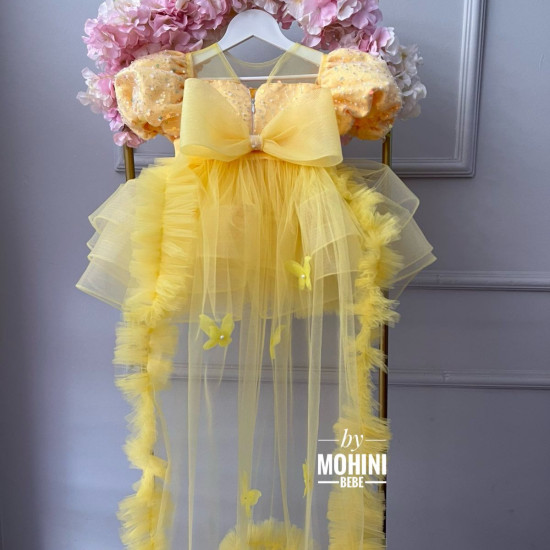 Rochie Prințesă Galbenă cu Trena, Volane și Pene – Rochie Elegantă Tulle pentru Fetițe | Maravillosa Amarillo