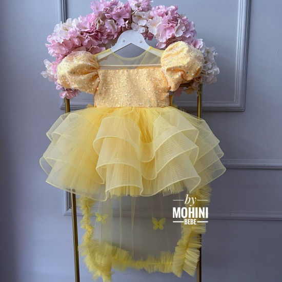 Rochie Prințesă Galbenă cu Trena, Volane și Pene – Rochie Elegantă Tulle pentru Fetițe | Maravillosa Amarillo