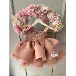 Rochie Prințesă Cu Trena, Roz Pudrat cu Fundă Mare și Paiete – Rochie Elegantă Tulle | Ifatima