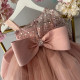 Rochie Prințesă Cu Trena, Roz Pudrat cu Fundă Mare și Paiete – Rochie Elegantă Tulle | Ifatima